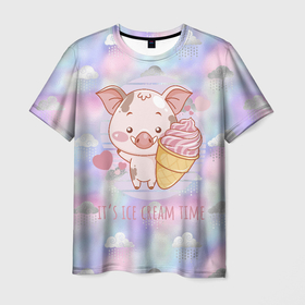 Мужская футболка 3D с принтом Время  мороженого в Тюмени, 100% полиэфир | прямой крой, круглый вырез горловины, длина до линии бедер | жара | жарко | лето | мороженое | поросенок | свинка | свинья