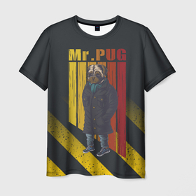 Мужская футболка 3D с принтом Мистер  мопс в пальто в Санкт-Петербурге, 100% полиэфир | прямой крой, круглый вырез горловины, длина до линии бедер | pug | мистер | мопс | мопс в пальто | пес | пес в пальто | собака