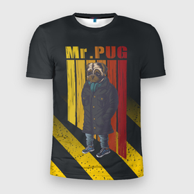 Мужская футболка 3D Slim с принтом Мистер  мопс в пальто в Санкт-Петербурге, 100% полиэстер с улучшенными характеристиками | приталенный силуэт, круглая горловина, широкие плечи, сужается к линии бедра | pug | мистер | мопс | мопс в пальто | пес | пес в пальто | собака