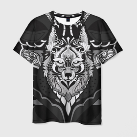 Мужская футболка 3D с принтом Черно белый волк в Новосибирске, 100% полиэфир | прямой крой, круглый вырез горловины, длина до линии бедер | волк | голова волка | монохром | узор | хищник | черно белое