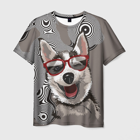 Мужская футболка 3D с принтом Веселый хаски в Санкт-Петербурге, 100% полиэфир | прямой крой, круглый вырез горловины, длина до линии бедер | Тематика изображения на принте: веселое | голова собаки | ездовая собака | животное | порода | собака | хаски
