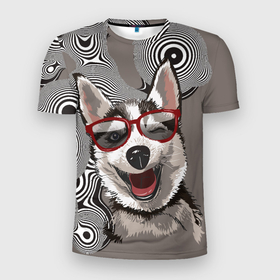 Мужская футболка 3D Slim с принтом Веселый хаски в Санкт-Петербурге, 100% полиэстер с улучшенными характеристиками | приталенный силуэт, круглая горловина, широкие плечи, сужается к линии бедра | Тематика изображения на принте: веселое | голова собаки | ездовая собака | животное | порода | собака | хаски