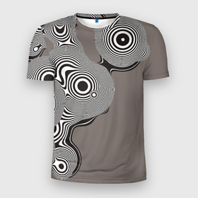 Мужская футболка 3D Slim с принтом Абстрактные круги линии в Тюмени, 100% полиэстер с улучшенными характеристиками | приталенный силуэт, круглая горловина, широкие плечи, сужается к линии бедра | abstraction | абстракция | волны | круги | линии