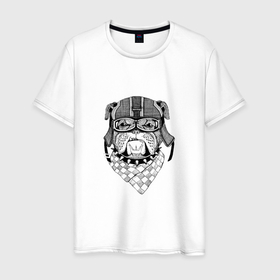 Мужская футболка хлопок с принтом DOG PILOT в Тюмени, 100% хлопок | прямой крой, круглый вырез горловины, длина до линии бедер, слегка спущенное плечо. | french | funny | helmet | pet | домашнее животное | забавный | очки | французский | шлем