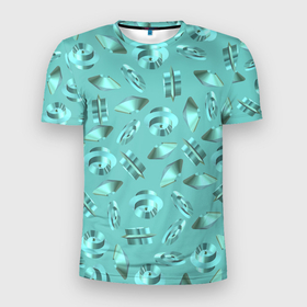 Мужская футболка 3D Slim с принтом Абстрактный перламутровый фон из бирюзовых геометрических фигур в Новосибирске, 100% полиэстер с улучшенными характеристиками | приталенный силуэт, круглая горловина, широкие плечи, сужается к линии бедра | 3д | абстрактыный | бирюзовый | блестящий | геометрия | перламутровый | рандомный
