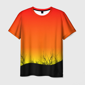 Мужская футболка 3D с принтом Закат и травы в Белгороде, 100% полиэфир | прямой крой, круглый вырез горловины, длина до линии бедер | evening | gradient | herbs | sky | sunrise | sunset | вечер | градиент | закат | небо | поле | природа