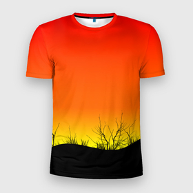 Мужская футболка 3D Slim с принтом Закат и травы в Курске, 100% полиэстер с улучшенными характеристиками | приталенный силуэт, круглая горловина, широкие плечи, сужается к линии бедра | evening | gradient | herbs | sky | sunrise | sunset | вечер | градиент | закат | небо | поле | природа