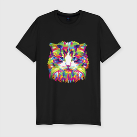 Мужская футболка хлопок Slim с принтом Colour cat face в Тюмени, 92% хлопок, 8% лайкра | приталенный силуэт, круглый вырез ворота, длина до линии бедра, короткий рукав | Тематика изображения на принте: cat | colour | face | meow | кот | кошка | лицо | мяу | разноцветный | цветная | цветной