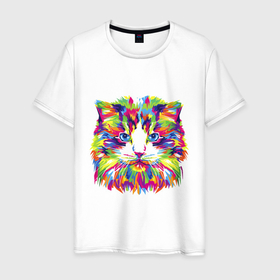 Мужская футболка хлопок с принтом Colour cat face в Санкт-Петербурге, 100% хлопок | прямой крой, круглый вырез горловины, длина до линии бедер, слегка спущенное плечо. | cat | colour | face | meow | кот | кошка | лицо | мяу | разноцветный | цветная | цветной