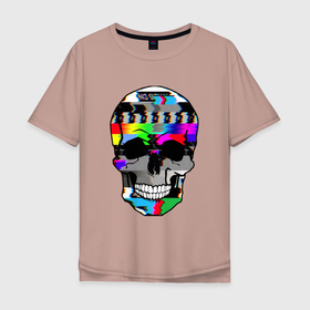 Мужская футболка хлопок Oversize с принтом No signal   Skull Glitch в Екатеринбурге, 100% хлопок | свободный крой, круглый ворот, “спинка” длиннее передней части | 