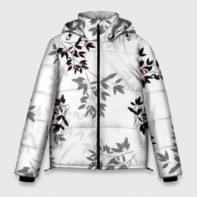 Мужская зимняя куртка 3D с принтом Черные и серые ветки с красными ягодами, паттерн в Курске, верх — 100% полиэстер; подкладка — 100% полиэстер; утеплитель — 100% полиэстер | длина ниже бедра, свободный силуэт Оверсайз. Есть воротник-стойка, отстегивающийся капюшон и ветрозащитная планка. 

Боковые карманы с листочкой на кнопках и внутренний карман на молнии. | Тематика изображения на принте: autumn | berry | black | branches | fall | gray | red | rowanberry | tree | ветки | деревья | красный | листья | осень | рябина | серый | черный | ягоды