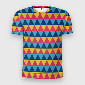 Мужская футболка 3D Slim с принтом Калейдоскоп   цветные треугольники в Курске, 100% полиэстер с улучшенными характеристиками | приталенный силуэт, круглая горловина, широкие плечи, сужается к линии бедра | абстрактные | абстракция | геометрия | классика | классические | нейтральные | спокойные | узор | узоры