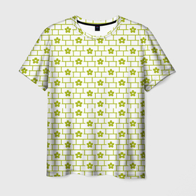 Мужская футболка 3D с принтом Зеленые кирпичики и цветы в Курске, 100% полиэфир | прямой крой, круглый вырез горловины, длина до линии бедер | абстрактные | абстракция | геометрия | классика | классические | нейтральные | спокойные | узор | узоры