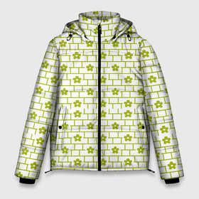 Мужская зимняя куртка 3D с принтом Зеленые кирпичики и цветы в Петрозаводске, верх — 100% полиэстер; подкладка — 100% полиэстер; утеплитель — 100% полиэстер | длина ниже бедра, свободный силуэт Оверсайз. Есть воротник-стойка, отстегивающийся капюшон и ветрозащитная планка. 

Боковые карманы с листочкой на кнопках и внутренний карман на молнии. | Тематика изображения на принте: абстрактные | абстракция | геометрия | классика | классические | нейтральные | спокойные | узор | узоры