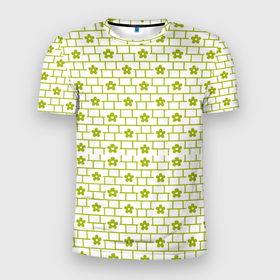 Мужская футболка 3D Slim с принтом Зеленые кирпичики и цветы , 100% полиэстер с улучшенными характеристиками | приталенный силуэт, круглая горловина, широкие плечи, сужается к линии бедра | абстрактные | абстракция | геометрия | классика | классические | нейтральные | спокойные | узор | узоры