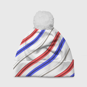 Шапка 3D c помпоном с принтом Волнистая диагональ триколор российского флага в Курске, 100% полиэстер | универсальный размер, печать по всей поверхности изделия | геометрия | диагональ | патриотизм | россия | триколор | флаг