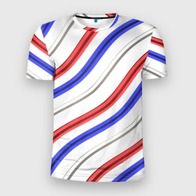 Мужская футболка 3D Slim с принтом Волнистая диагональ триколор российского флага в Курске, 100% полиэстер с улучшенными характеристиками | приталенный силуэт, круглая горловина, широкие плечи, сужается к линии бедра | Тематика изображения на принте: геометрия | диагональ | патриотизм | россия | триколор | флаг
