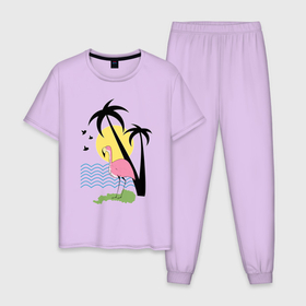 Мужская пижама хлопок с принтом Фламинго на летнем пляже в Кировске, 100% хлопок | брюки и футболка прямого кроя, без карманов, на брюках мягкая резинка на поясе и по низу штанин
 | жара | жарко | лето | остров | пляж | птица | солнце | тепло | фламинго