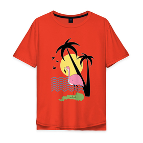 Мужская футболка хлопок Oversize с принтом Фламинго на летнем пляже в Курске, 100% хлопок | свободный крой, круглый ворот, “спинка” длиннее передней части | жара | жарко | лето | остров | пляж | птица | солнце | тепло | фламинго
