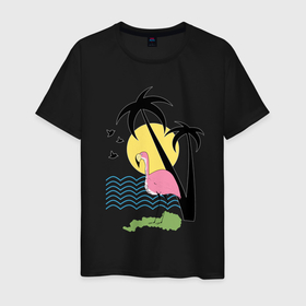 Мужская футболка хлопок с принтом Фламинго на летнем пляже в Новосибирске, 100% хлопок | прямой крой, круглый вырез горловины, длина до линии бедер, слегка спущенное плечо. | жара | жарко | лето | остров | пляж | птица | солнце | тепло | фламинго