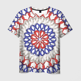 Мужская футболка 3D с принтом Российская мандала в стиле триколор из сердечек , 100% полиэфир | прямой крой, круглый вырез горловины, длина до линии бедер | белый | геометрия | красный | сердце | симметрия | синий | триколор