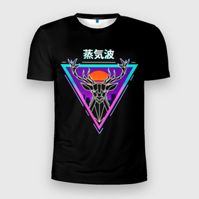 Мужская футболка 3D Slim с принтом Неоновый Олень Иероглифы в Екатеринбурге, 100% полиэстер с улучшенными характеристиками | приталенный силуэт, круглая горловина, широкие плечи, сужается к линии бедра | city | deer | full moon | gradient | hieroglyphs | horns | kanji | moon | neon | night | stars | sunset | triangle | город | градиент | закат | звезды | иероглифы | кандзи | луна | неон | неоновый | ночь | олень | полнолуние | рога | сансет | треугольник