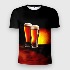 Мужская футболка 3D Slim с принтом Пивасик с Пенкой в Петрозаводске, 100% полиэстер с улучшенными характеристиками | приталенный силуэт, круглая горловина, широкие плечи, сужается к линии бедра | бокалы | дым | напиток | прикольные картинки