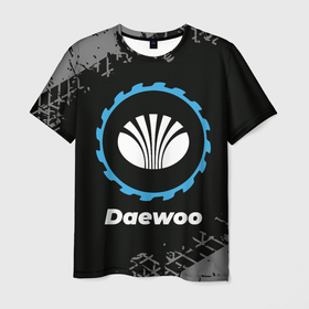 Мужская футболка 3D с принтом Daewoo в стиле Top Gear со следами шин на фоне в Курске, 100% полиэфир | прямой крой, круглый вырез горловины, длина до линии бедер | auto | brand | daewoo | gear | logo | symbol | top | авто | бренд | гир | дэу | лого | символ | следы | топ | шин | шины