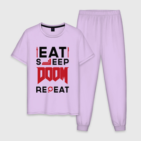 Мужская пижама хлопок с принтом Надпись: Eat Sleep Doom Repeat в Тюмени, 100% хлопок | брюки и футболка прямого кроя, без карманов, на брюках мягкая резинка на поясе и по низу штанин
 | 