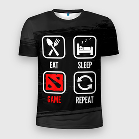 Мужская футболка 3D Slim с принтом Eat, Sleep, Dota, Repeat в Новосибирске, 100% полиэстер с улучшенными характеристиками | приталенный силуэт, круглая горловина, широкие плечи, сужается к линии бедра | dota | eat sleep repeat | logo | дота | игра | игры | краска | лого | логотип | символ