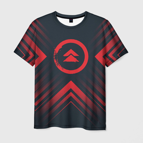 Мужская футболка 3D с принтом Красный Символ Ghost of Tsushima на темном фоне со стрелками , 100% полиэфир | прямой крой, круглый вырез горловины, длина до линии бедер | ghost of tsushima | logo | гост оф цусима | игра | игры | лого | логотип | призрак цусимы | ромб | символ | соты