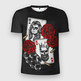 Мужская футболка 3D Slim с принтом Игральные карты в стиле гангстеров в Белгороде, 100% полиэстер с улучшенными характеристиками | приталенный силуэт, круглая горловина, широкие плечи, сужается к линии бедра | гангстеры | карты | кастет | пуля | череп
