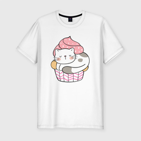 Мужская футболка хлопок Slim с принтом Котик в  стаканчике с мороженым , 92% хлопок, 8% лайкра | приталенный силуэт, круглый вырез ворота, длина до линии бедра, короткий рукав | кот | котенок | котик | кошечка | лето | мороженое