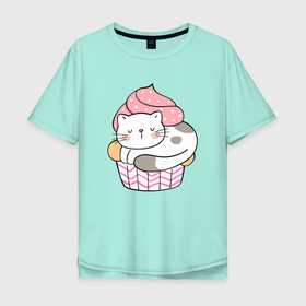 Мужская футболка хлопок Oversize с принтом Котик в  стаканчике с мороженым в Курске, 100% хлопок | свободный крой, круглый ворот, “спинка” длиннее передней части | Тематика изображения на принте: кот | котенок | котик | кошечка | лето | мороженое