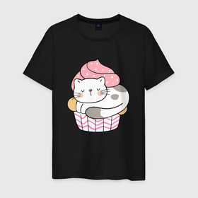 Мужская футболка хлопок с принтом Котик в  стаканчике с мороженым в Кировске, 100% хлопок | прямой крой, круглый вырез горловины, длина до линии бедер, слегка спущенное плечо. | кот | котенок | котик | кошечка | лето | мороженое