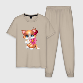Мужская пижама хлопок с принтом Рыжая кошечка с бантиком в Тюмени, 100% хлопок | брюки и футболка прямого кроя, без карманов, на брюках мягкая резинка на поясе и по низу штанин
 | Тематика изображения на принте: голубые глаза | кот | кошечка | кошка | рыжая кошка