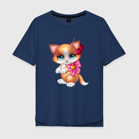 Мужская футболка хлопок Oversize с принтом Рыжая кошечка с бантиком в Курске, 100% хлопок | свободный крой, круглый ворот, “спинка” длиннее передней части | голубые глаза | кот | кошечка | кошка | рыжая кошка