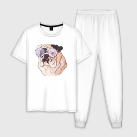 Мужская пижама хлопок с принтом Морда бульдога в круглых очках в Новосибирске, 100% хлопок | брюки и футболка прямого кроя, без карманов, на брюках мягкая резинка на поясе и по низу штанин
 | Тематика изображения на принте: бульдог | круглые очки | пес | пёсик | собака