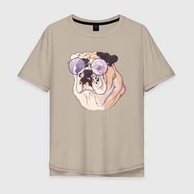 Мужская футболка хлопок Oversize с принтом Морда бульдога в круглых очках , 100% хлопок | свободный крой, круглый ворот, “спинка” длиннее передней части | Тематика изображения на принте: бульдог | круглые очки | пес | пёсик | собака