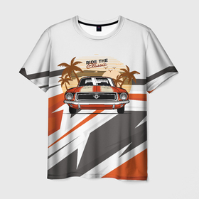 Мужская футболка 3D с принтом Ретро авто и  пальмы в Кировске, 100% полиэфир | прямой крой, круглый вырез горловины, длина до линии бедер | Тематика изображения на принте: автомобиль | лето | машина | пальмы | ретро | ретро авто
