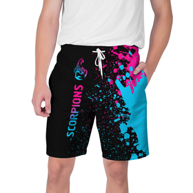 Мужские шорты 3D с принтом Scorpions   Neon Gradient ,  полиэстер 100% | прямой крой, два кармана без застежек по бокам. Мягкая трикотажная резинка на поясе, внутри которой широкие завязки. Длина чуть выше колен | Тематика изображения на принте: 