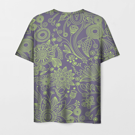 Мужская футболка 3D с принтом Затейливый орнамент в Екатеринбурге, 100% полиэфир | прямой крой, круглый вырез горловины, длина до линии бедер | бабочка | баклажановый | бутон | весенний   цветок | весна | зеленый | круг | лето | линия | лист | листья | нарисованный | орнамент | пейсли | плавные линии | полоски | полосы | принт | пчела | рисунок
