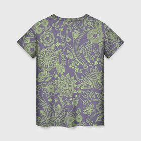 Женская футболка 3D с принтом Затейливый орнамент в Санкт-Петербурге, 100% полиэфир ( синтетическое хлопкоподобное полотно) | прямой крой, круглый вырез горловины, длина до линии бедер | бабочка | баклажановый | бутон | весенний   цветок | весна | зеленый | круг | лето | линия | лист | листья | нарисованный | орнамент | пейсли | плавные линии | полоски | полосы | принт | пчела | рисунок
