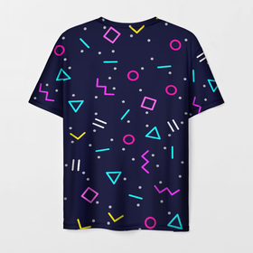 Мужская футболка 3D с принтом Neon geometric shapes , 100% полиэфир | прямой крой, круглый вырез горловины, длина до линии бедер | abstract | blue | circles | colorful | graphic | minimalism | pattern | retro | squares | te | triangle | vector | абстрактный | белый | вектор | графический | квадраты | красочный | круги | линии | минимализм | ретро | розовый | синий | текстура
