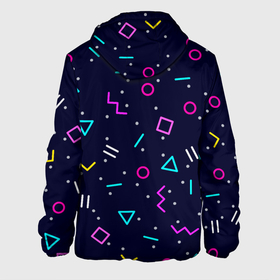 Мужская куртка 3D с принтом Neon geometric shapes в Курске, ткань верха — 100% полиэстер, подклад — флис | прямой крой, подол и капюшон оформлены резинкой с фиксаторами, два кармана без застежек по бокам, один большой потайной карман на груди. Карман на груди застегивается на липучку | abstract | blue | circles | colorful | graphic | minimalism | pattern | retro | squares | te | triangle | vector | абстрактный | белый | вектор | графический | квадраты | красочный | круги | линии | минимализм | ретро | розовый | синий | текстура