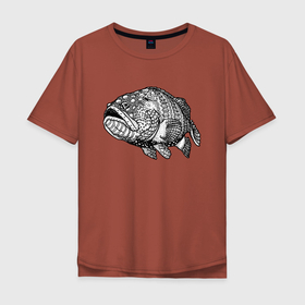 Мужская футболка хлопок Oversize с принтом Матёрый окунь в Петрозаводске, 100% хлопок | свободный крой, круглый ворот, “спинка” длиннее передней части | eyes | fin | fish | fishing | gills | tail | глаза | жабры | окунь | пасть | плавник | рыба | рыбалка | хвост