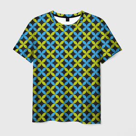 Мужская футболка 3D с принтом Зеленые и синие листочки паттерн , 100% полиэфир | прямой крой, круглый вырез горловины, длина до линии бедер | Тематика изображения на принте: абстрактные | геометрия | классика | классические | нейтральные | спокойные | узор | узоры