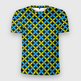Мужская футболка 3D Slim с принтом Зеленые и синие листочки паттерн в Екатеринбурге, 100% полиэстер с улучшенными характеристиками | приталенный силуэт, круглая горловина, широкие плечи, сужается к линии бедра | абстрактные | геометрия | классика | классические | нейтральные | спокойные | узор | узоры