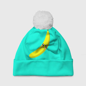 Шапка 3D c помпоном с принтом Я   банан в Санкт-Петербурге, 100% полиэстер | универсальный размер, печать по всей поверхности изделия | банан | бананчик | бирюза | бирюзовый | желтый | тропики | я банан