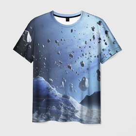 Мужская футболка 3D с принтом Космический пейзаж с ледяными скалами в Новосибирске, 100% полиэфир | прямой крой, круглый вырез горловины, длина до линии бедер | ice | planet | rock | space | stones | камни | космос | лёд | планета | скала